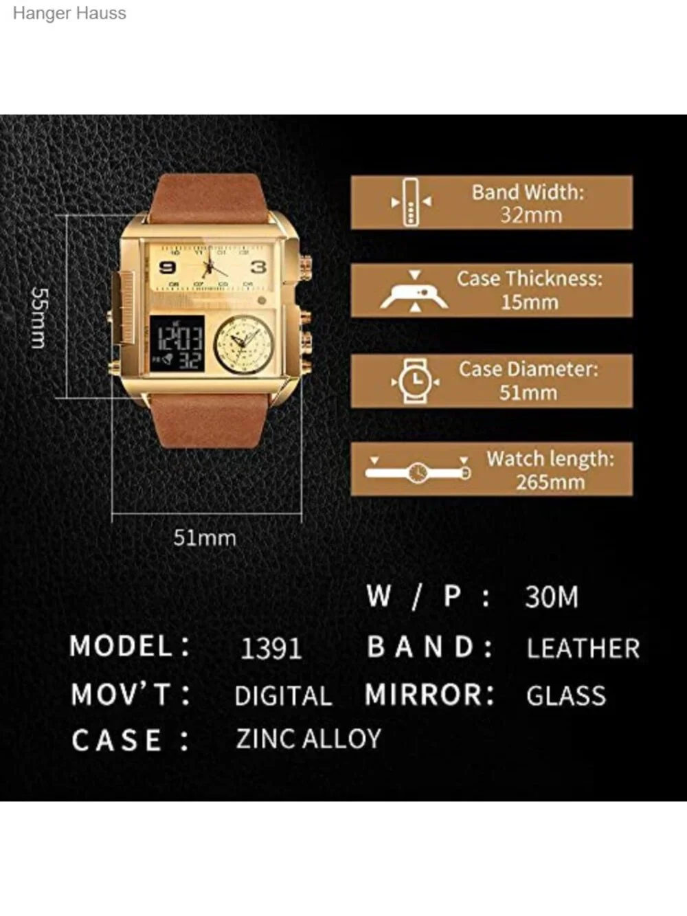 Men's Square Large Face Analog Digital Sport Watch Leather Band Chronograph